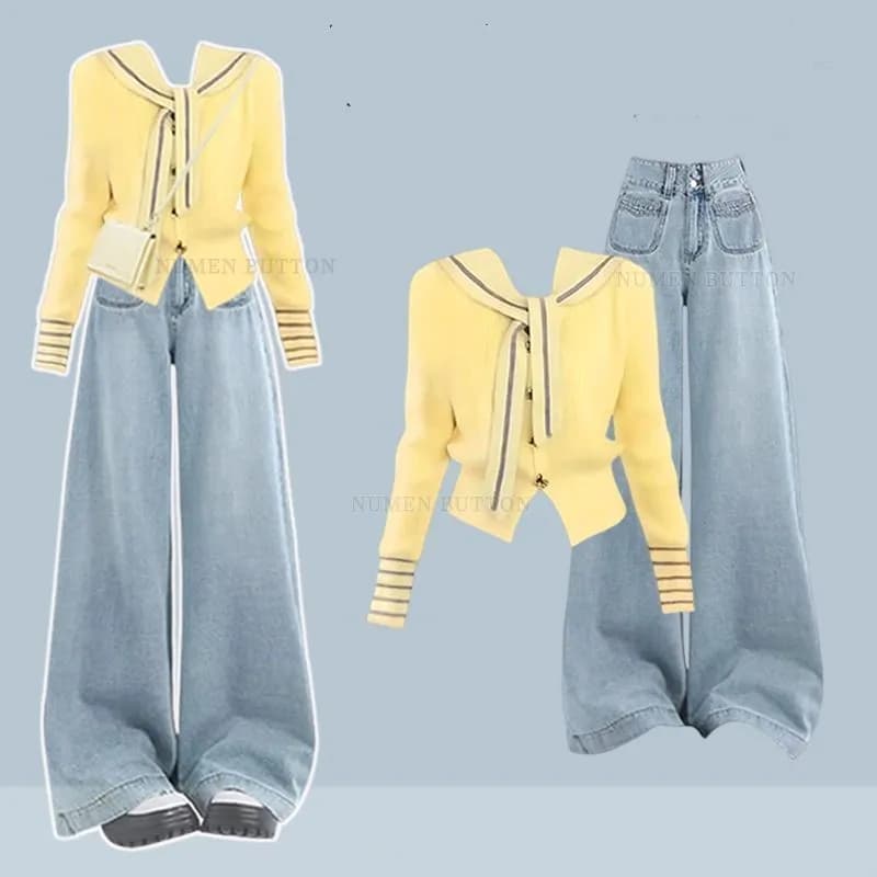 Women's Spring Autumn New Fashion Knit Sweater Cardigan+Shawl+Loose Jeans Two-Piece Set Korean Legant Denim Pants Matching Set