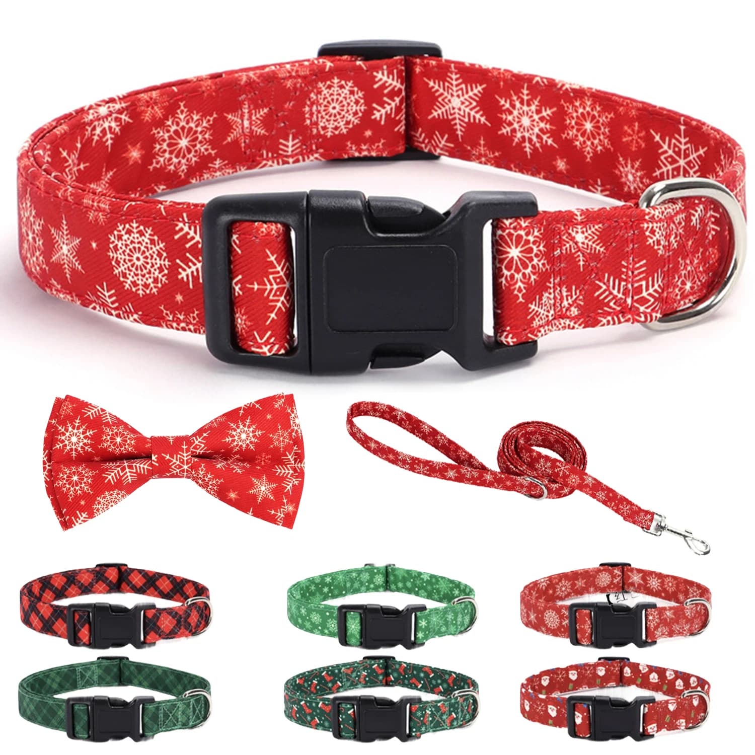 Set di guinzagli per collare per cani di Natale, motivo natalizio scozzese con fiocco di neve, collare per cani carino con papillon, collare per cani regolabile, regalo perfetto