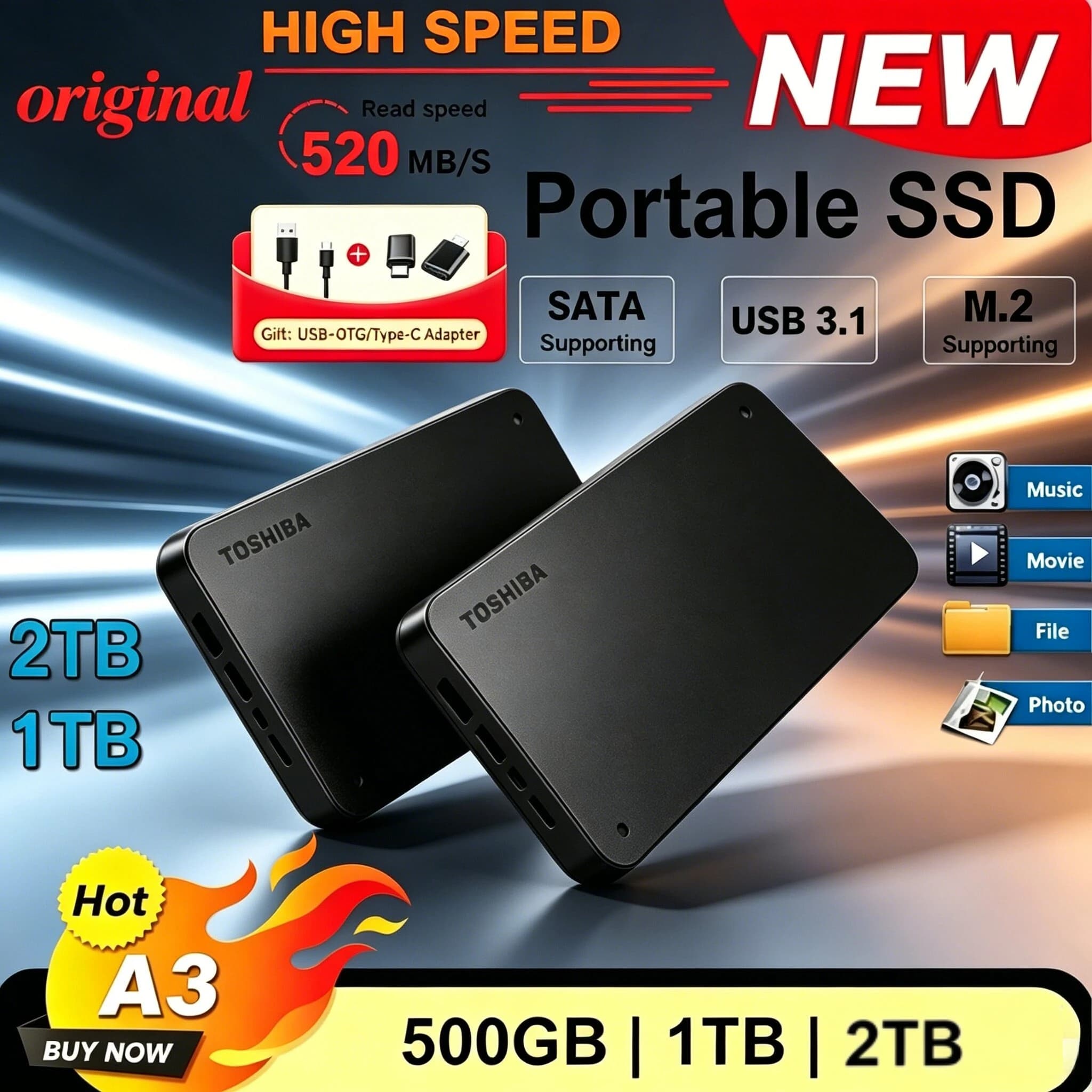 Hard Disk Esterno Portatile Toshiba Canvio Basics A3 USB 3.0 HDTB410YK3AA 500GB 1TB 2TB Nero HDD Mobile
