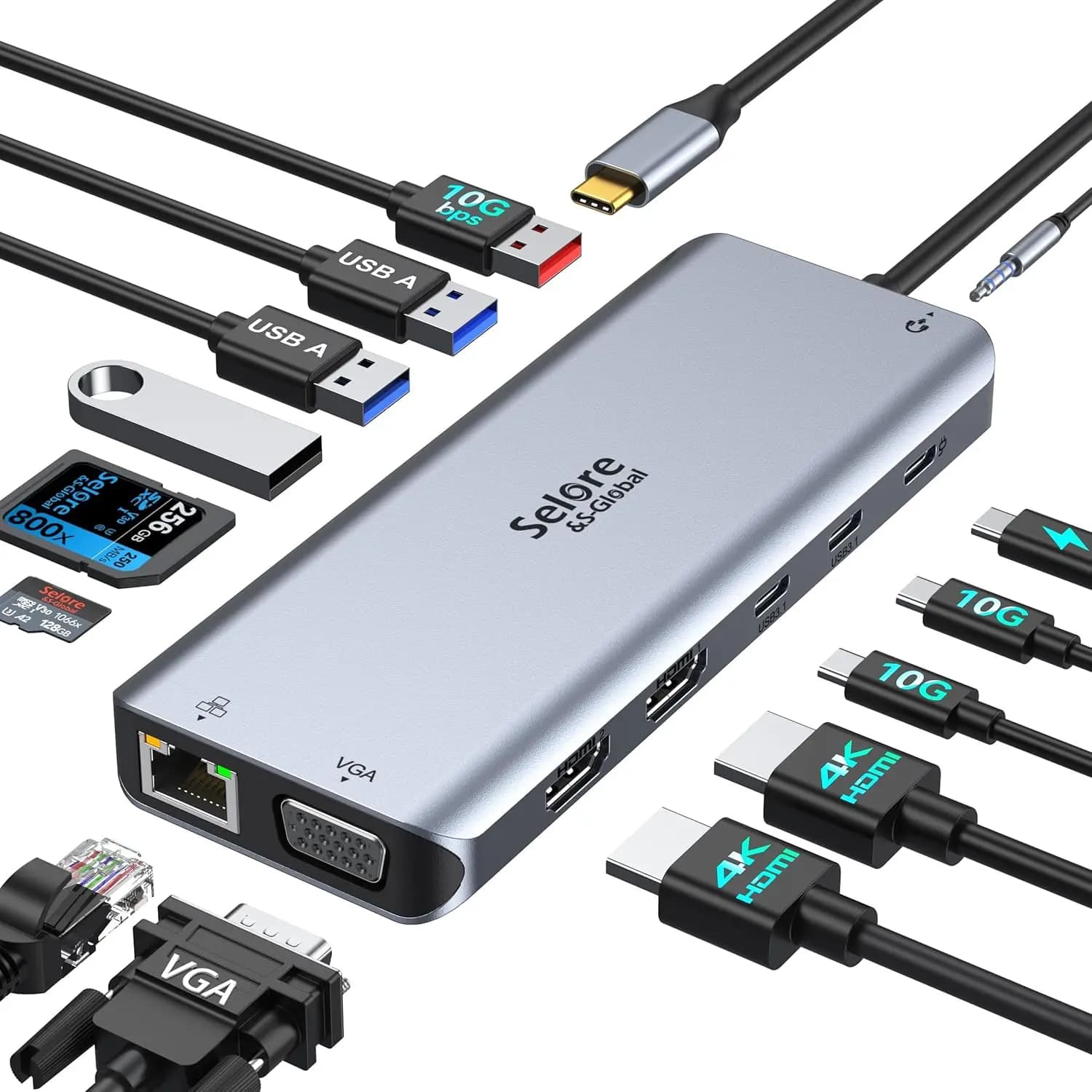 Docking station USB-C 14 in 1 con doppio HDMI, VGA, PD da 100 W e trasferimento rapido dei dati per laptop Windows