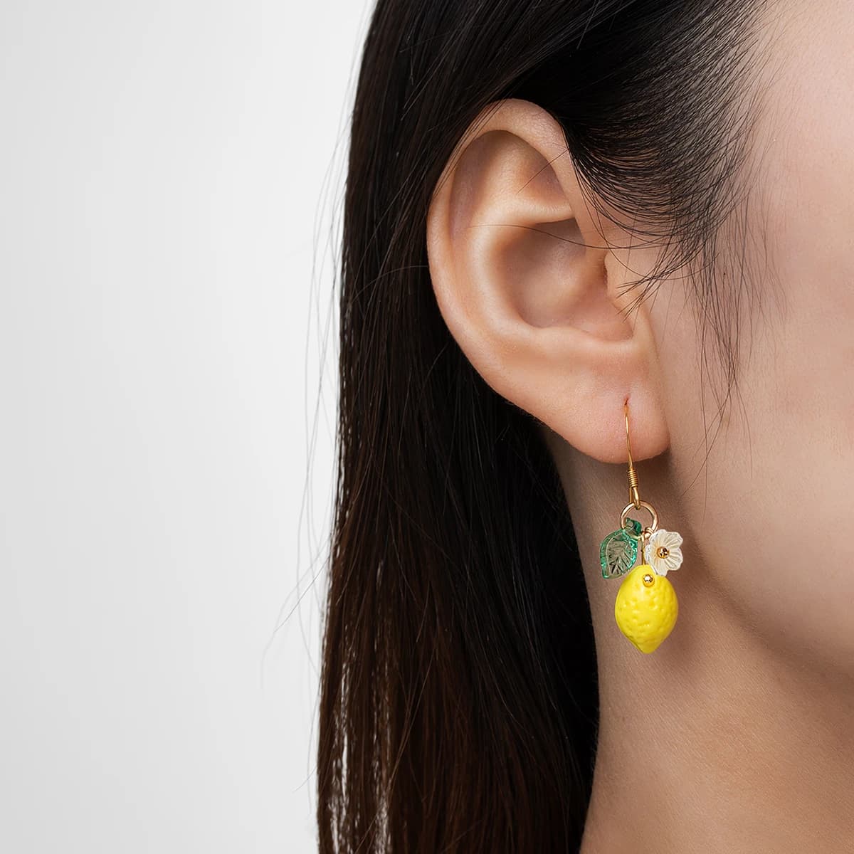 Small Fresh Resin Lemon Pendant Earrings Stainless Steel Earhooks Flower Women's Earrings Asymmetric Earrings