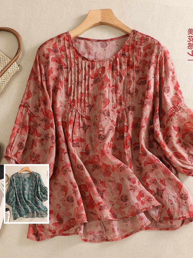 Casual Loose round Neck T-Shirt Mom Print Lantern Sleeve Accordion Pleat Meat Concealing Lightweight Summer Top Women's Shirt