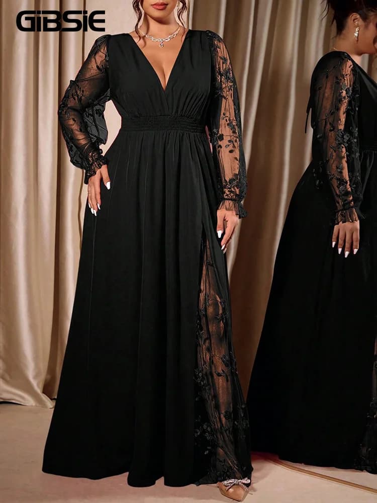GIBSIE Plus Size Elegant V-Neck Sheer Mesh Sleeve Evening Long Dress Women Autumn Elastic Waist Tie Backless Party Dresses 2026