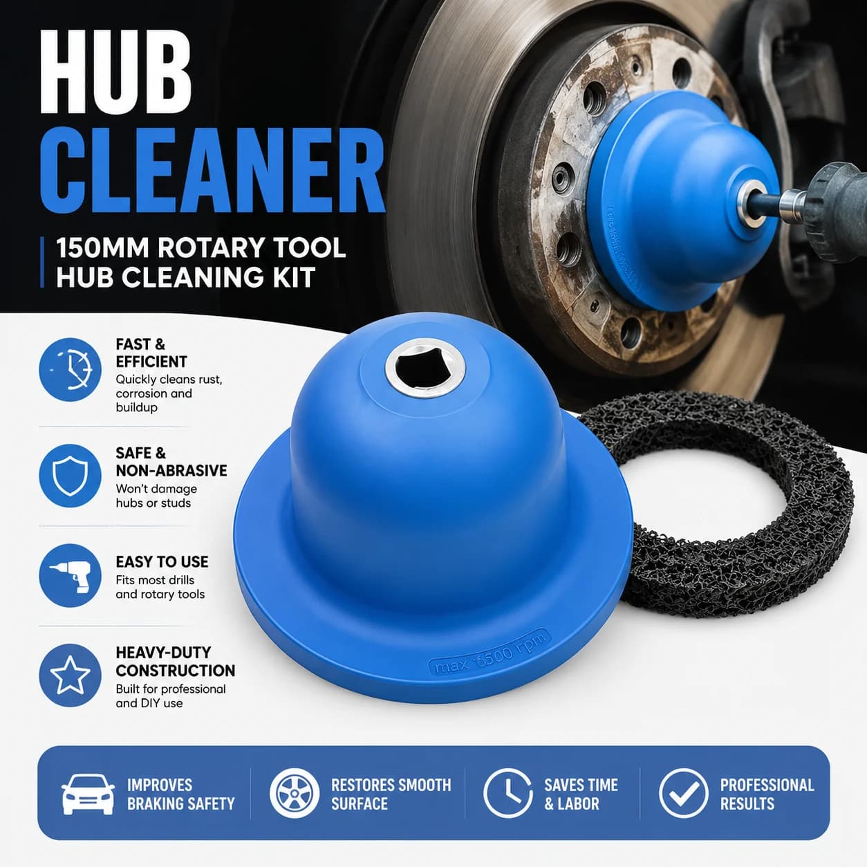 1 Set Wheel Hub Brush Wheel Hub Grinder Rust Grinding / Cleaning Rotor / Rim Surface 150mm For Cordless/ Air Drill