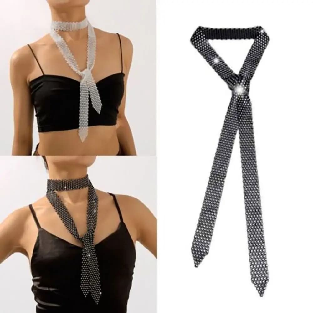 Elegante sciarpa lunga da 1,3 m con bling, fazzoletto da collo scintillante di lusso con strass lucidi, cravatta in cristallo, colletto da donna