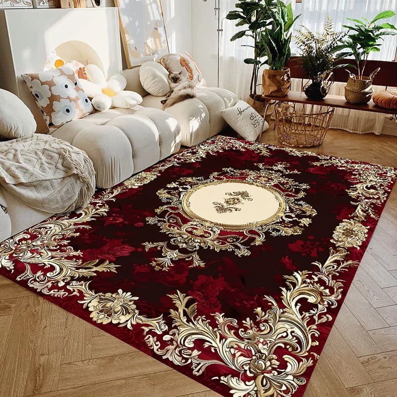 Tappeto di Lusso Bordeaux con Medaglione Floreale Dorato, Tappeto Tradizionale Barocco Ornato, Antiscivolo e Lavabile per Soggiorno
