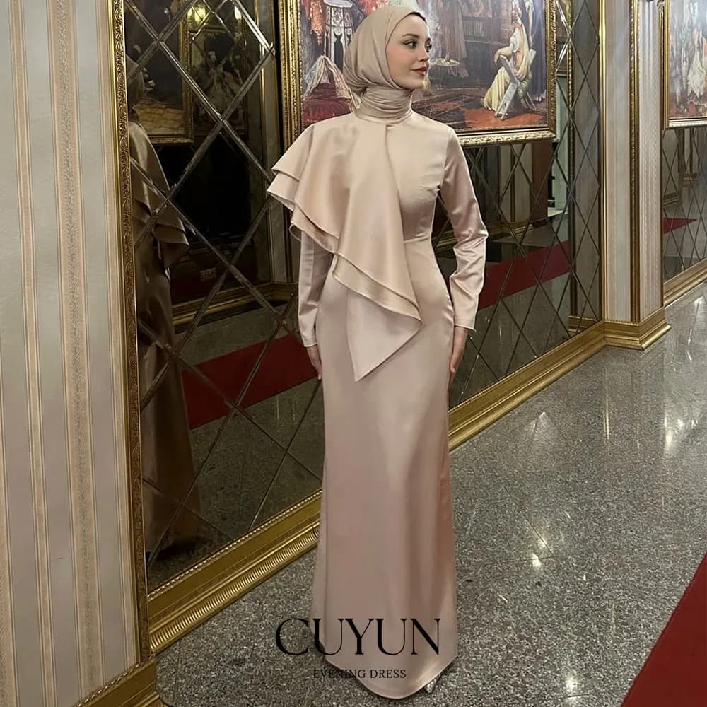 CUYUN Abiti da sera musulmani in raso Abito dritto drappeggiato con collo alto per occasioni speciali Abiti da ballo personalizzati a maniche lunghe