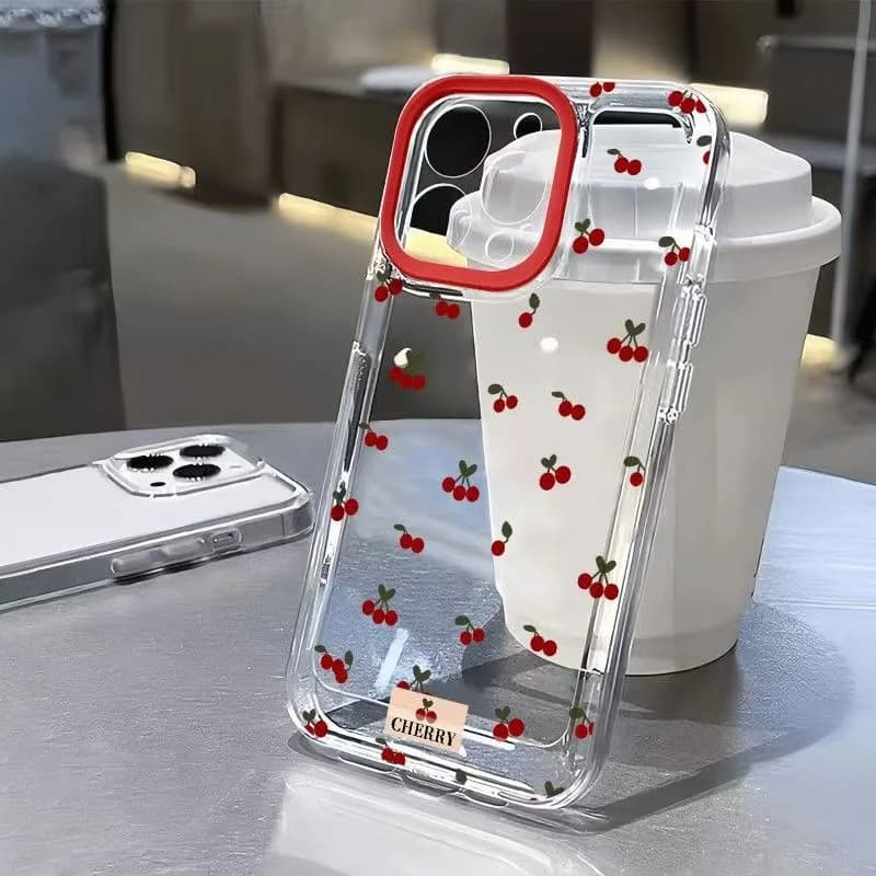 Case For iPhone 16 15 14 12 13 11 17 Pro Max For iPhone XS Max XR 7 8 16 15 Plus Cartoon Cherry Pattern Soft Clear Cover Funda
