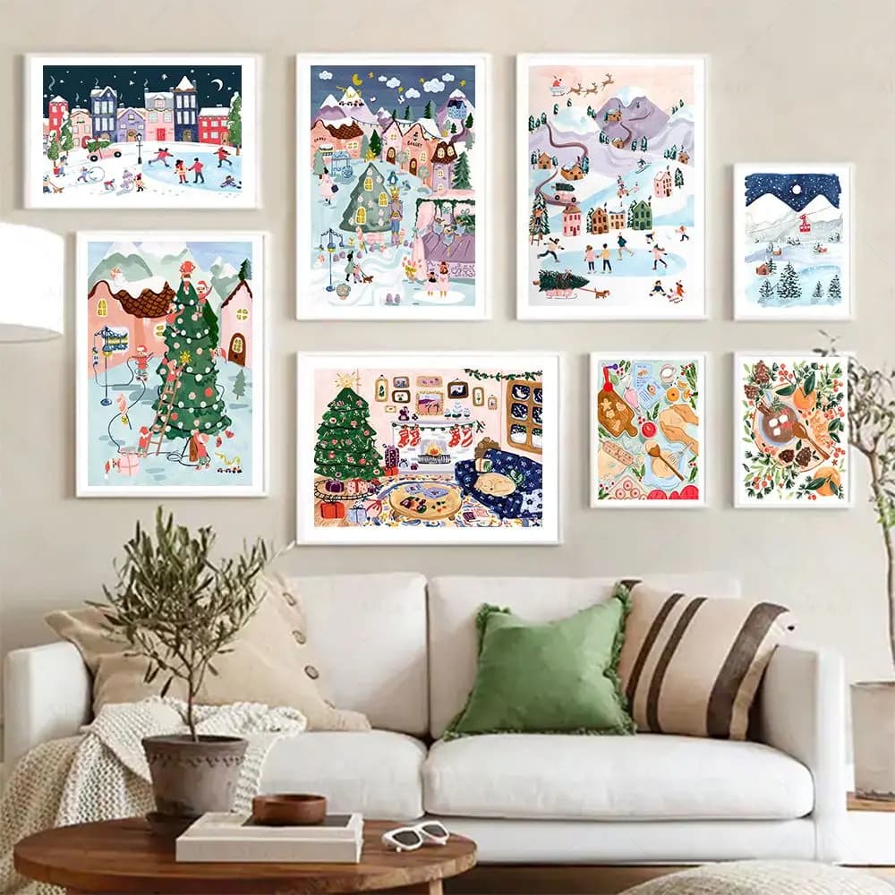 Winter Village Apartments Art Print Holiday Christmas Watercolor Canvas Painting Wall Art Picture Poster for Living Room