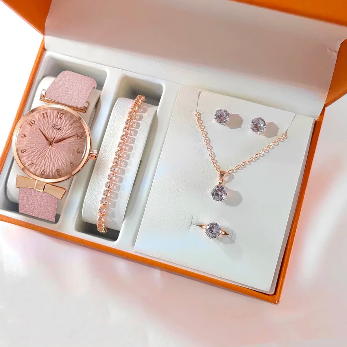 Women's Fashionable Bracelet Ring Earrings Set Flowers Watch Wrist Watch Quartz Wrist Watch Random Leather Watch
