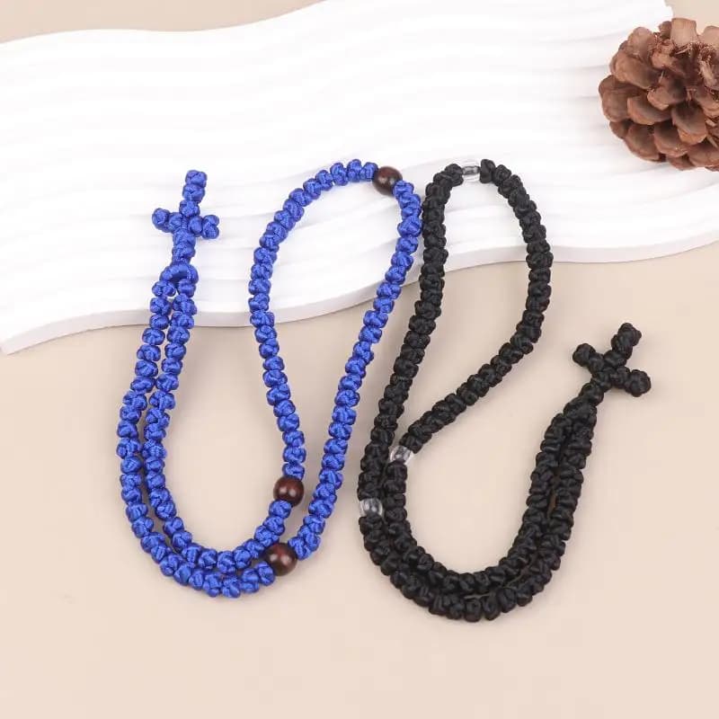 Collana con Croce e Corda di Preghiera, Regalo, Nera/Blu, Fatta a Mano, Religiosa Ortodossa, Rosa