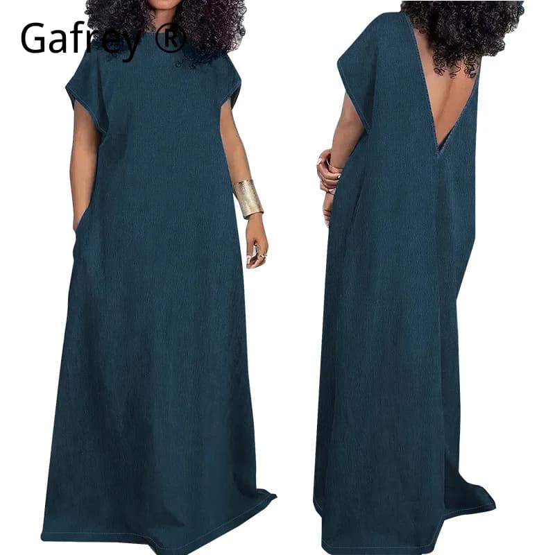 Long Denim Dress Size XXL Plus for Women, Sleeveless, Neck Discovered, Casual, Fitted, Vintage Style, Elegant Outfit for Party