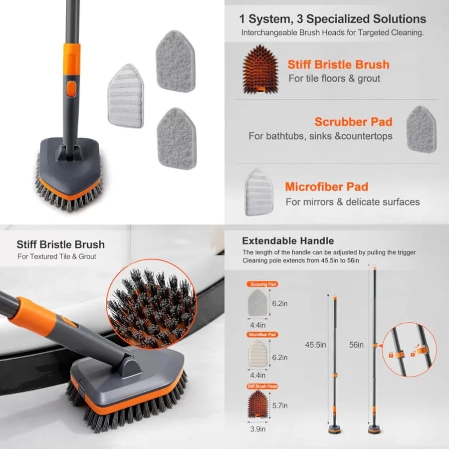 Tile Tub Scrubber Brush with 3 Different Function Cleaning Heads and 56" Extendable Long Handle-No Scratch Shower Scrubber for Cleaning Bathroom Kitchen Toilet Wall,Bathtub,Sink,Grey
