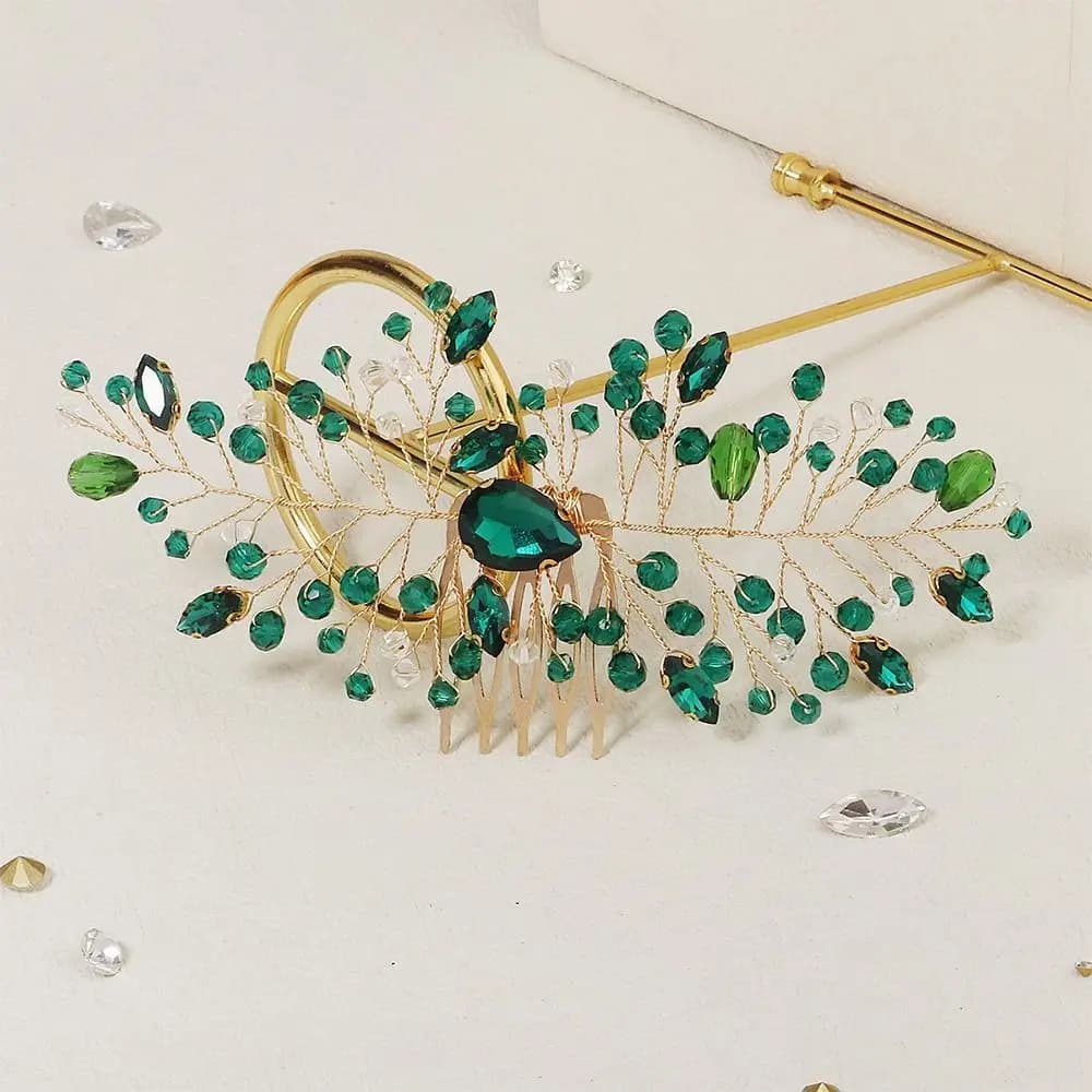 Accessori per Capelli da Sposa, Fermagli Verdi, Coroncine con Fiori e Foglie, Pettini con Strass, Pettini con Cristalli