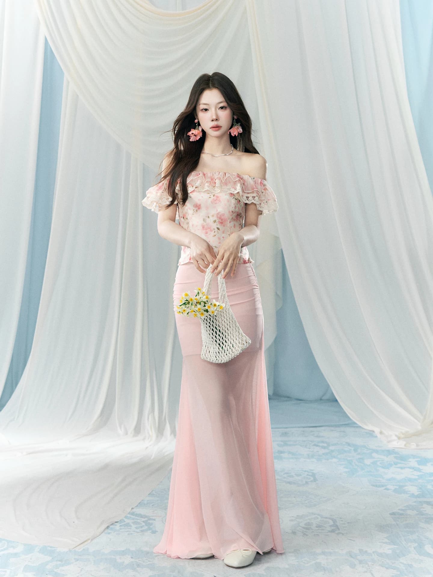 Gonna a vita alta a trapezio da donna, in rete rosa, modellante, primaverile/estiva, nuovo stile, per il commuting, versione coreana, City Scene