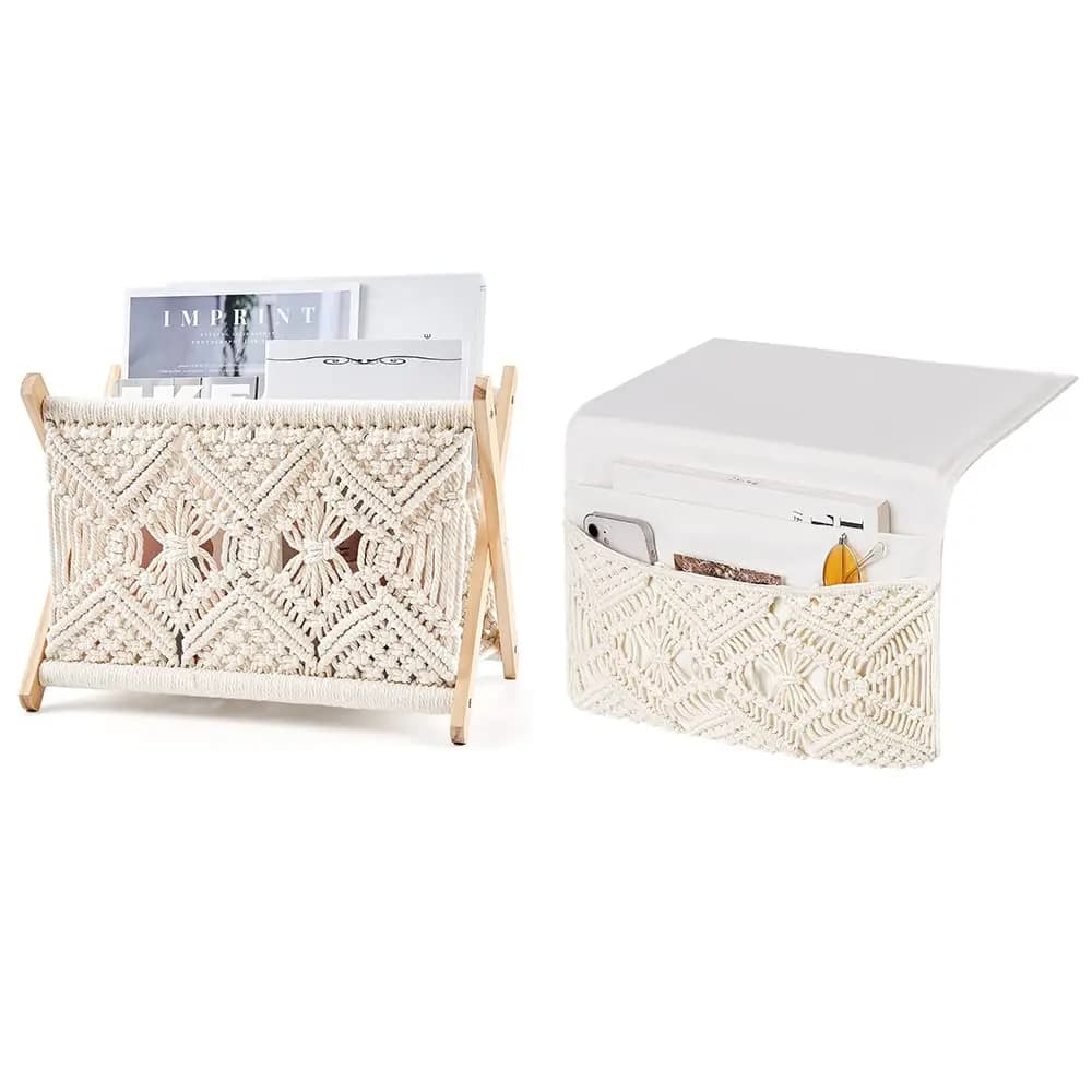 Macrame Magazine Holder And Bedside Caddy Set For Bedroom Living Room Dorm Organization