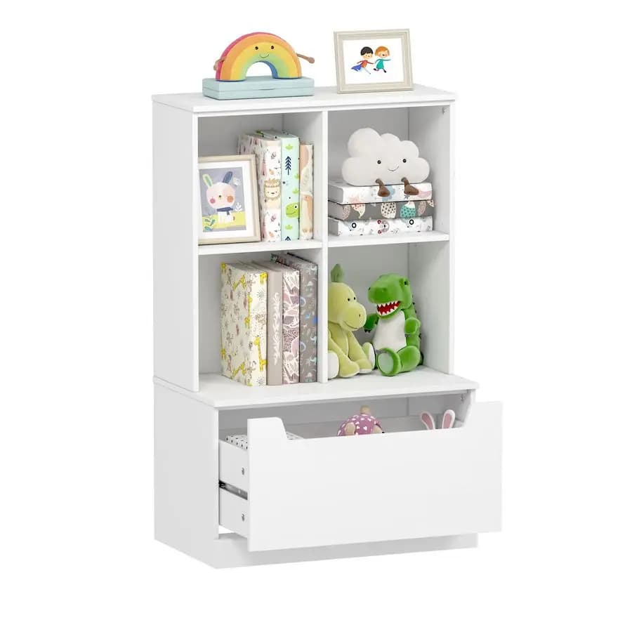 Kids shelf and organizer for storing toys, children's library with cubes, wooden shelf with drawer for bedroom, games