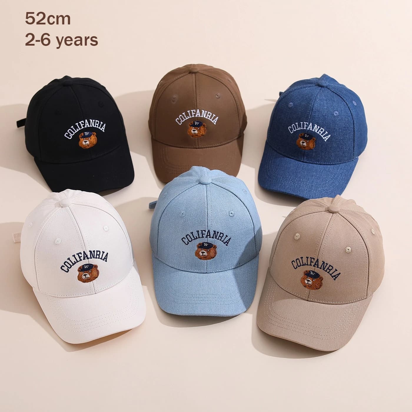 Cappellino da Baseball per Bambini 52cm 2-6 Anni, Cappello con Ricamo Orsetto Carino, Visiera Parasole Regolabile per Bambini e Bambine