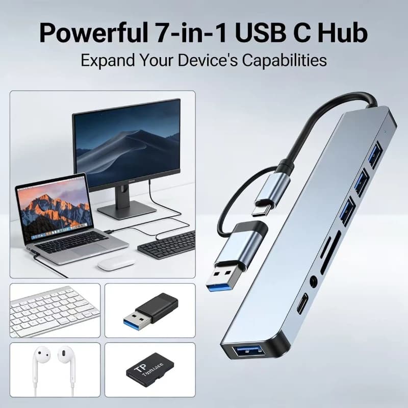 USB Hub C 8 in 2 with 3.5 mm Audio and Micro SD Card Reader for Laptop, Tablet and Telephone