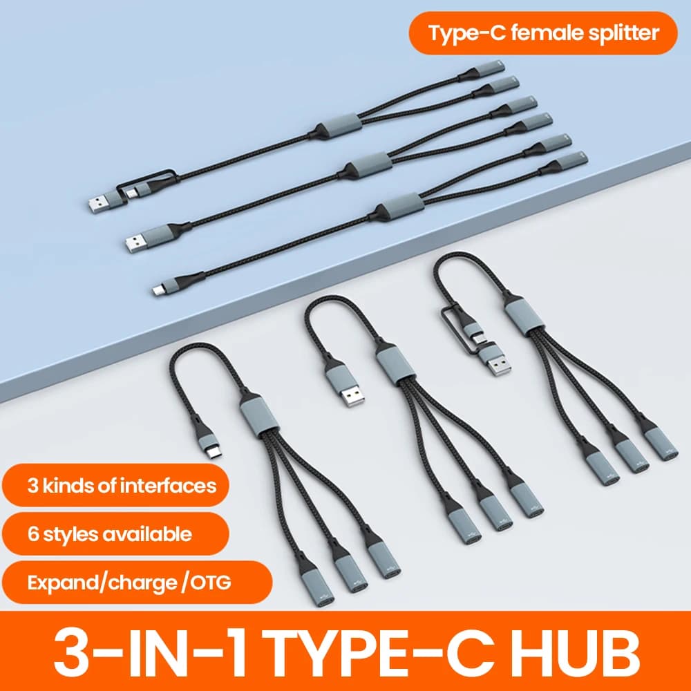 Hub USB 3 in 1 Tipo C, Adattatore OTG, Splitter USB/Tipo C a 3 Tipo C, Trasferimento Dati Veloce per Laptop, PC, Chiavette USB, Lettore di Schede