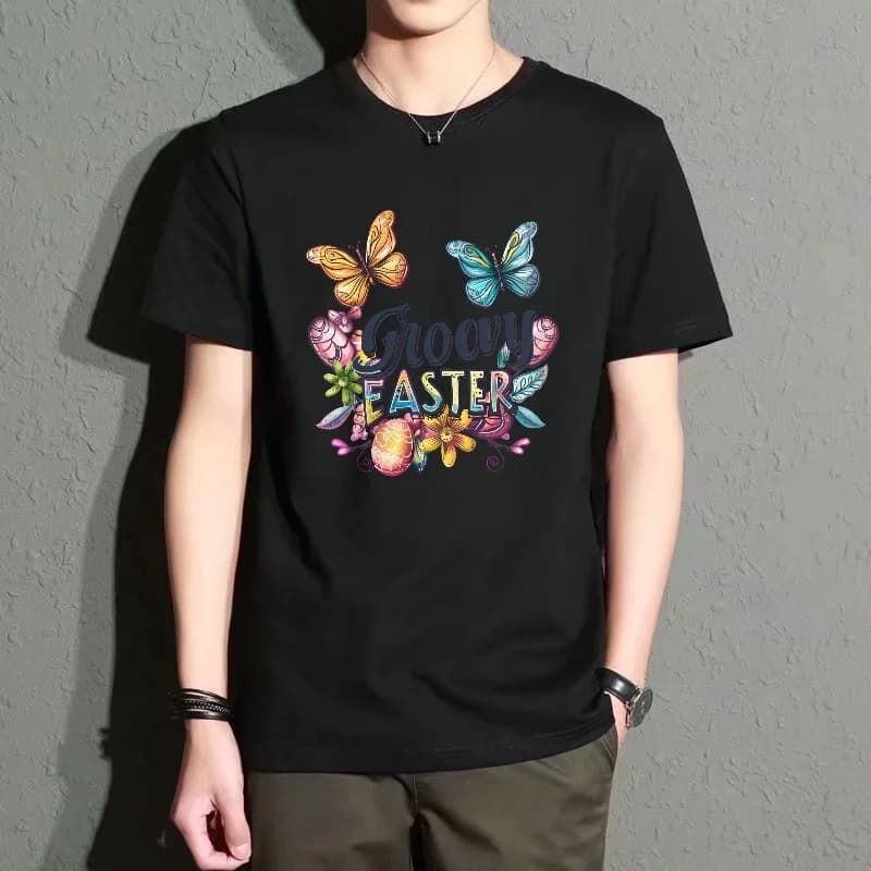 Men's Black Round-Neck Short-Sleeved T-Shirt, Butterfly Egg Print Casual Top, Trendy and Unique Pattern Design, Comfortable and Versatile for Everyday Wear, Polyester Fiber Fabric
