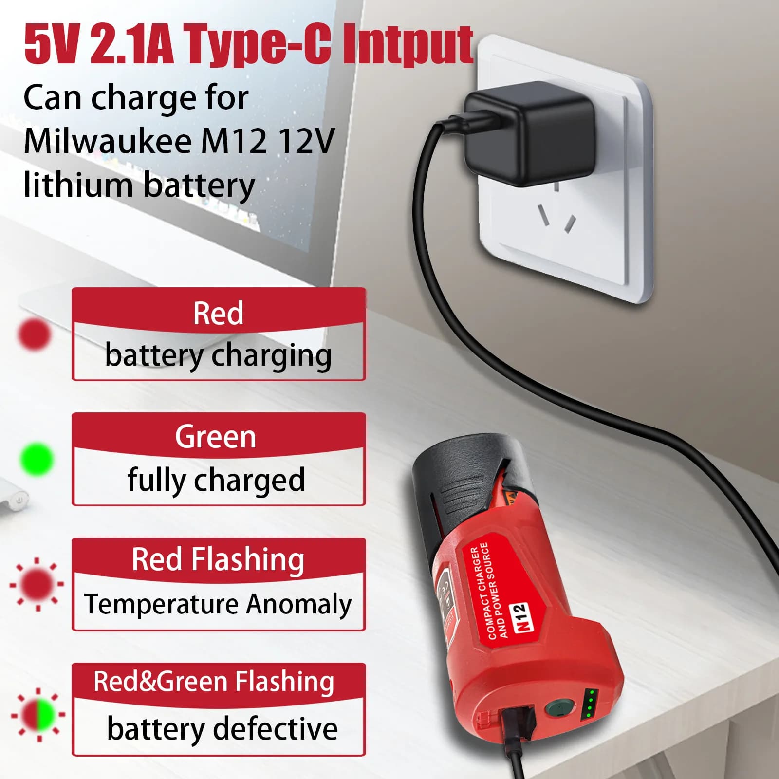 Adattatore di alimentazione per batteria Milwaukee 12V M12, caricabatterie Power Wheel con porta CC 12V per giacca riscaldata