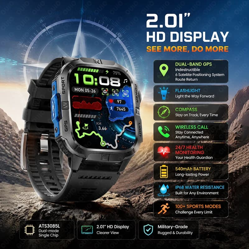 New Fashion Sports Smart Watch GPS 540 MAh Large Battery Wireless Call Flashlight 100+ Sports Mode Health Monitoring Smart Watch