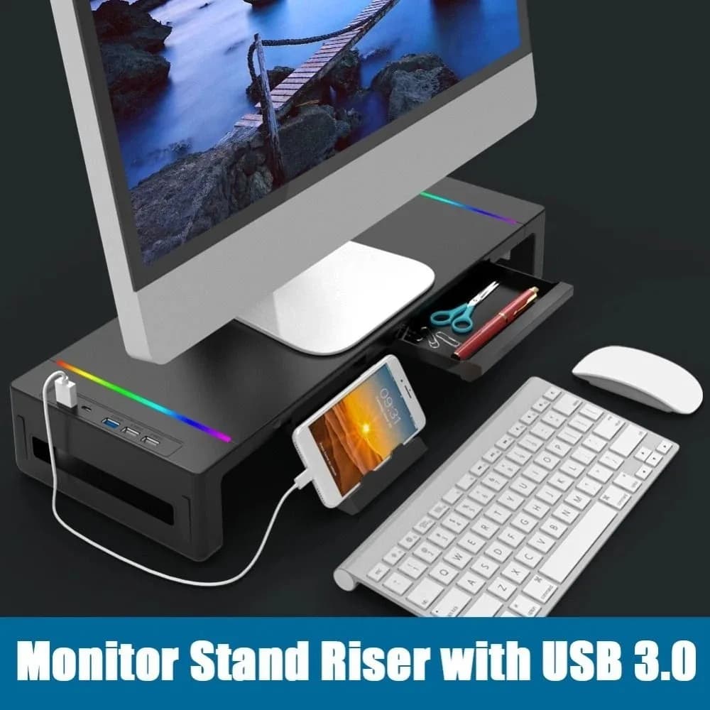 RGB Lights Monitor Stand Riser with USB Foldable USB 3.0 & 2.0 Hub Computer Display Stand Adjustable Length with Storage Drawer