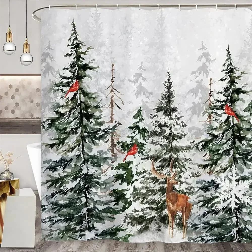Inverno Foresta nenevata Tende da doccia Pino Cervo Fiocco di neve Natale Vacanze di Natale Decorazione rustica per il bagno in fattoria con ganci