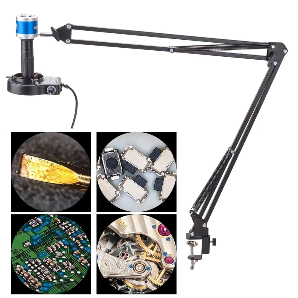 Videocamera industriale digitale mini microscopio 4K HD con supporto da tavolo con morsetto 10X-150X strumento di riparazione PCB per saldatura dell'obiettivo con attacco C