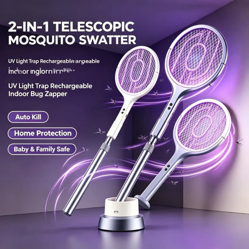 UV Light Trap 2‑in‑1 Electric Mosquito Swatter Telescopic Foldable Rechargeable Indoor Home Auto‑Kill Bug Zapper