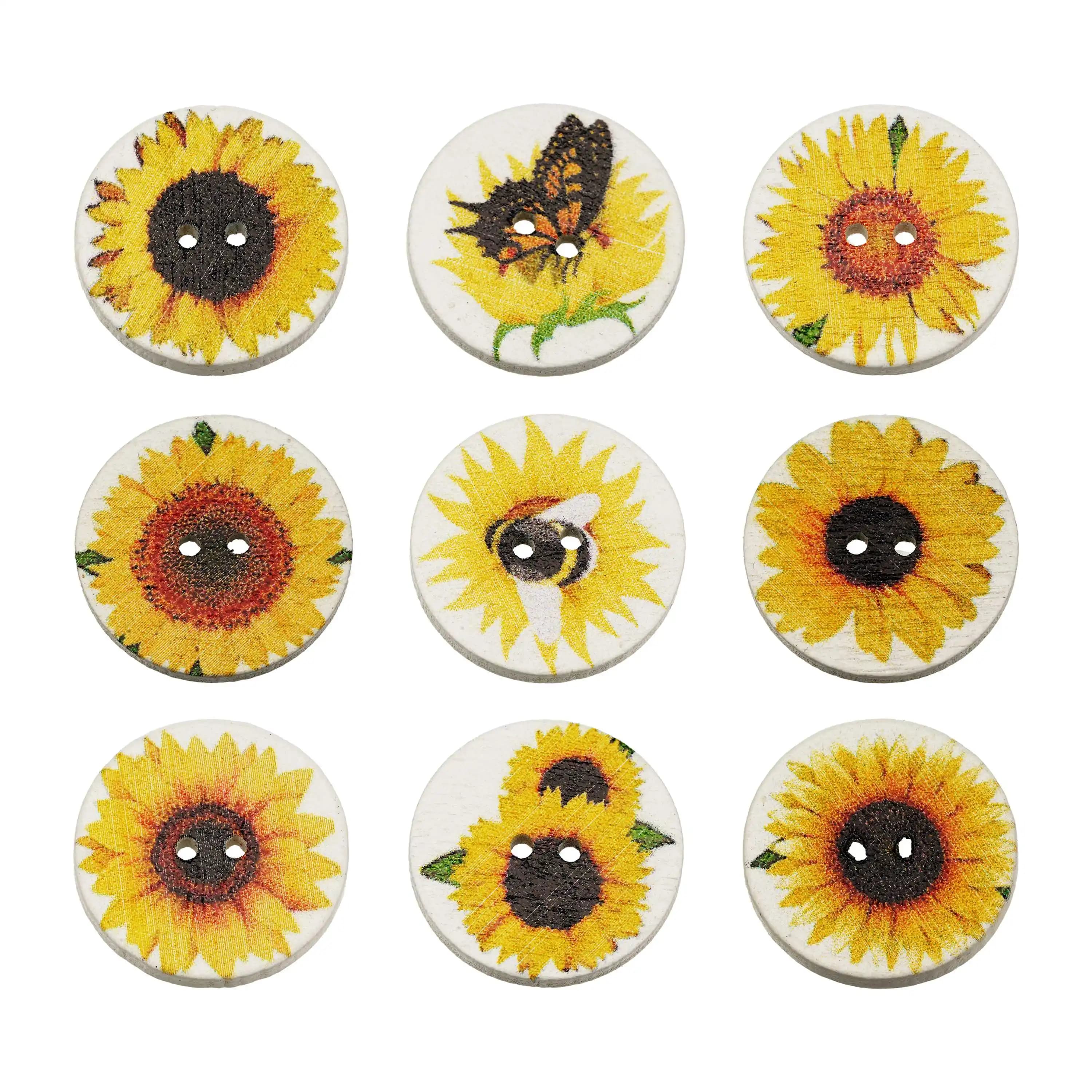 50pcs Sunflower Theme Spring Day Wooden Buttons Set, handmade scrapbook DIY Crafts and Sewing decoration