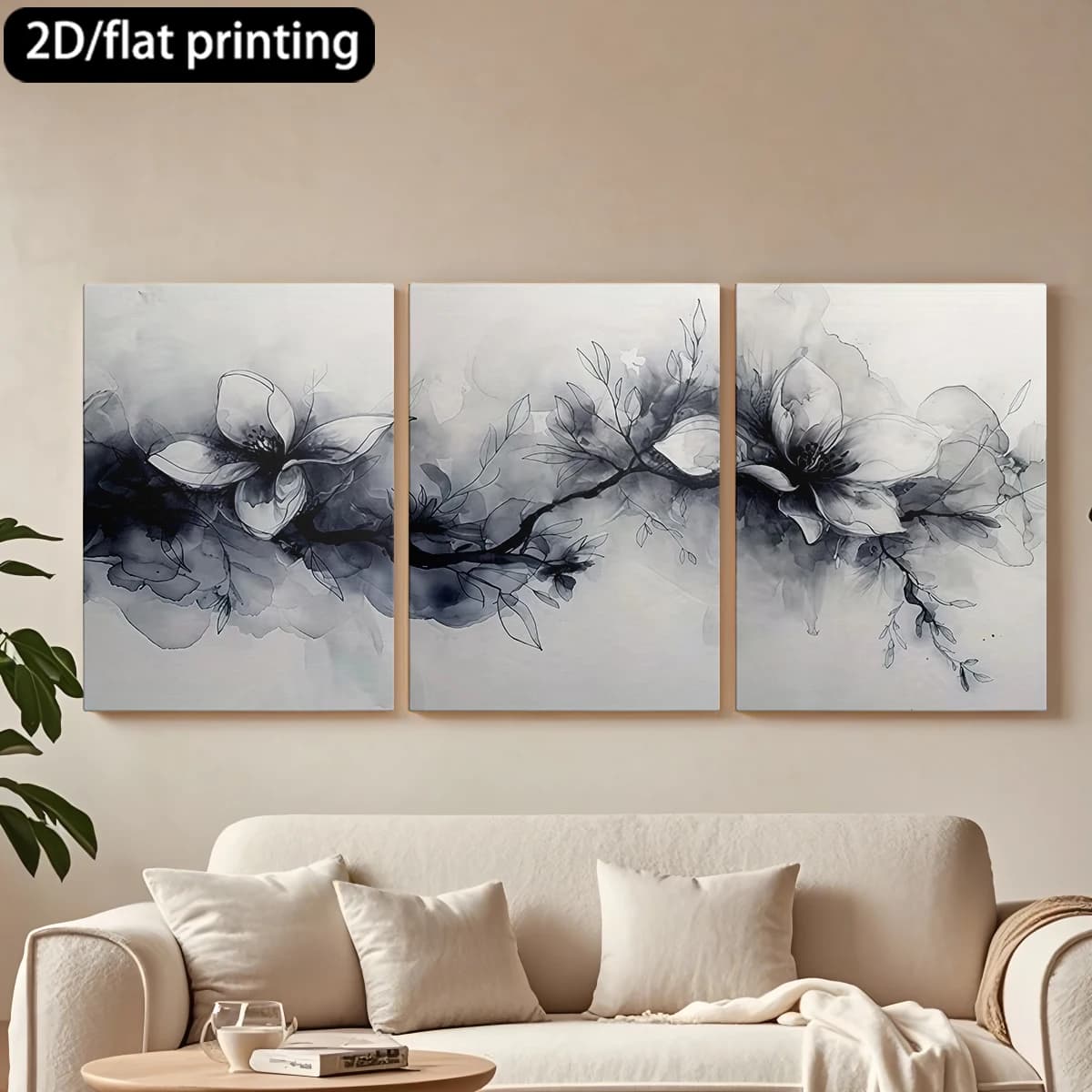 Set of 3 Decorative Paintings on Canvas with Wooden Frame, Ink Painting Style with Floral Patterns. Decoration for Corridor and Living Room