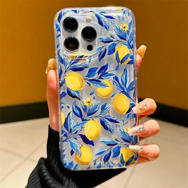 Custodia per telefono estiva con frutta fresca e limone per iPhone 16 15 14 13 12 11 Pro Max 7 8 Plus X XR XSMax Airbag Anti caduta Cover posteriore trasparente