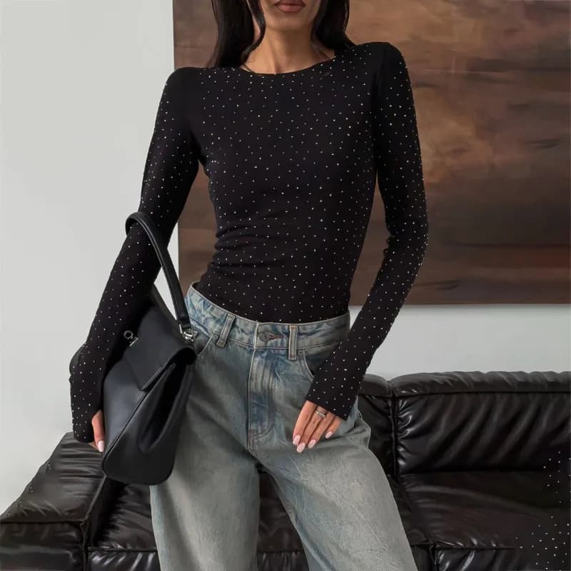 T-Shirt da Donna 2026 con Strass, Maniche Lunghe, Collo Tondo, Top Nero Lucido con Perline, Blusa Slim Casual Y2K Punk Grunge Chic
