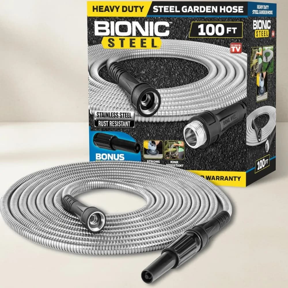 100-foot stainless steel garden pipe with nozzle: flexible, no folds, resistant to uninterrupted water flow
