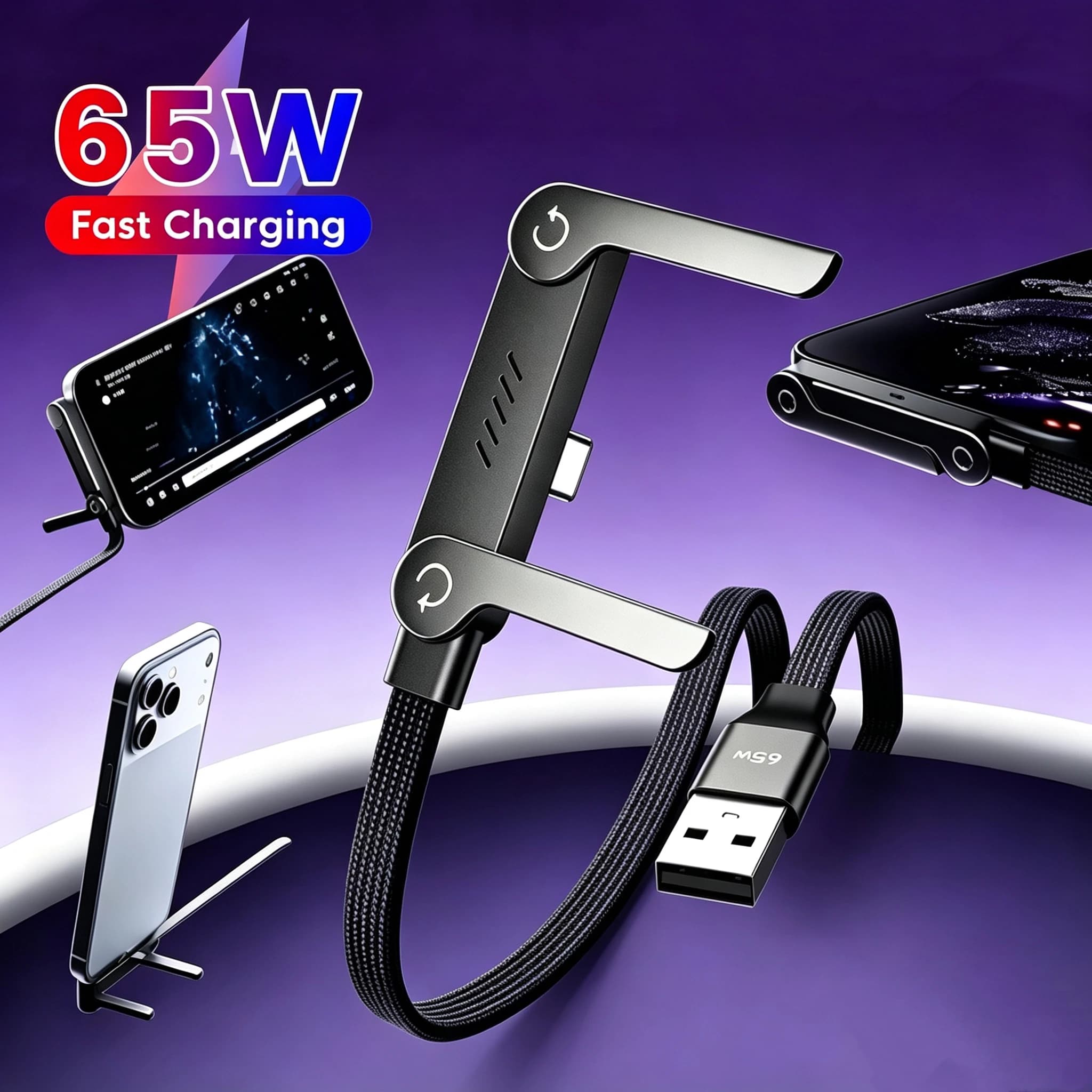 Cavo Dati USB A a USB C 2 in 1 da 65W con Ricarica Rapida e Supporto Pieghevole per Telefono, Compatibile con iPhone 15 16 17 Samsung Huawei, con Supporto da Scrivania