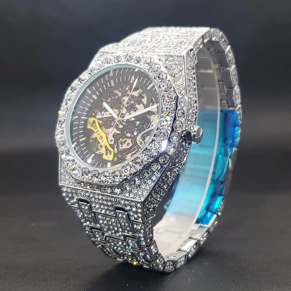 Orologio da uomo di lusso Mechaincal Iced Diamond Hip Hop orologi automatici con quadrante cavo orologio luminoso a mano per Dropshipping maschile