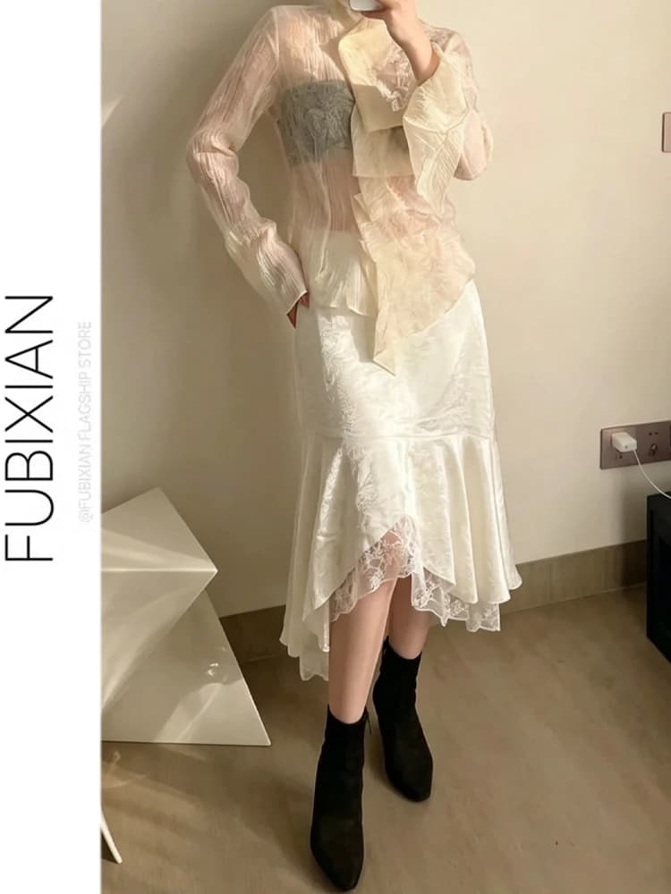 Irregular Lace Patchwork Silk Half Skirt Women's Summer New Style Slimming High Waist Skirt Girl Student Fashion Trend