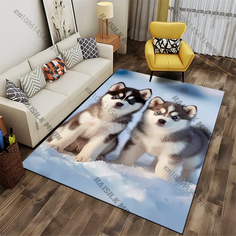Adorabili cuccioli di husky su tappeto innevato, tappeto da yoga, decorazione per soggiorno, tappetino per bambini, zerbino, tappeto per giochi