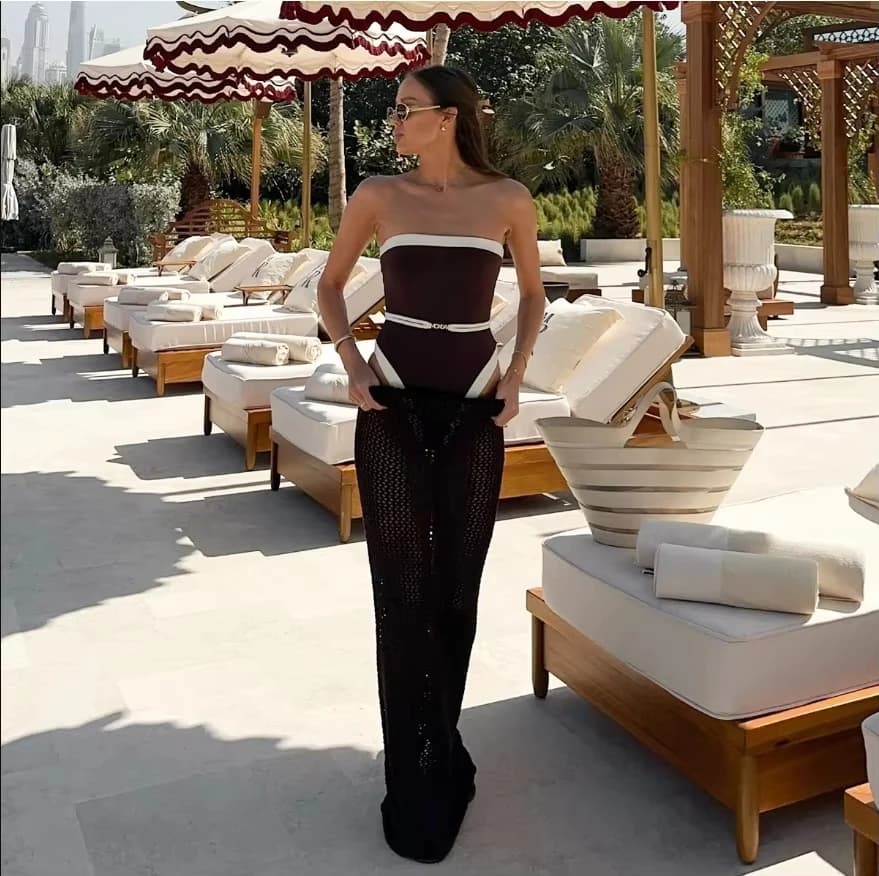 New Summer 2026 Women's Patchwork One-piece Suit Swimwear Sexy Strapless Bandeau Swimsuit High Waist Slim Bodysuit Beachwear