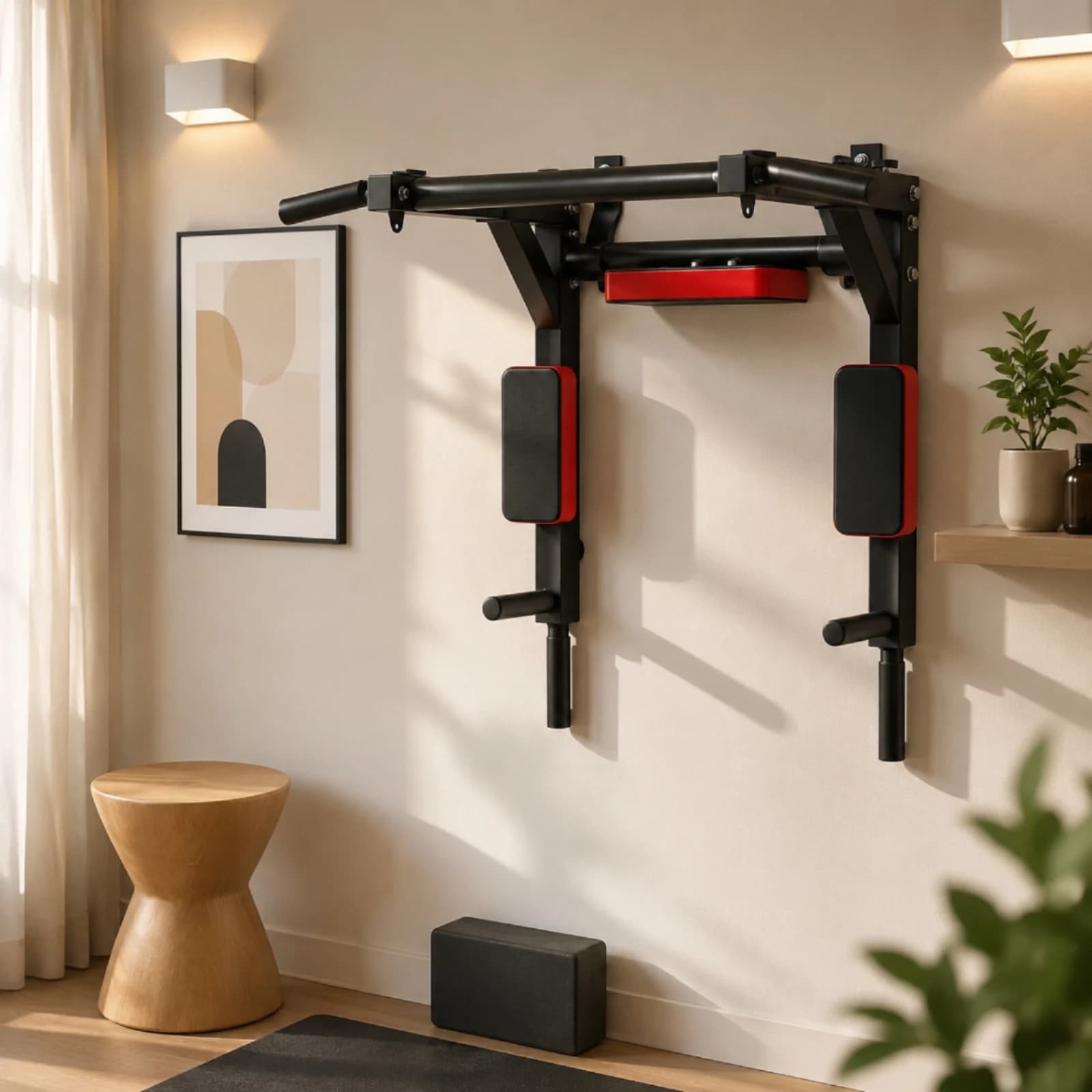 Wall Mounted Bar with Tricep Station Station Compact Pull up Bar with Padded Arm Supports Fitness Station with Tricep Station
