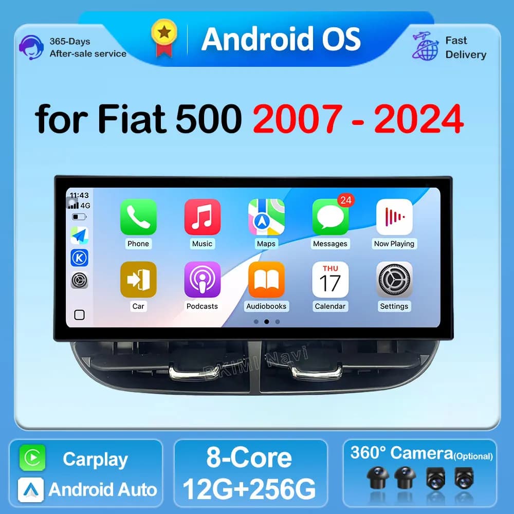 Autoradio Android 16 con Schermo da 12,3 Pollici per Fiat 500 2007-2024, GPS, Navigatore, 4G, Carplay, WiFi, Bluetooth, DSP