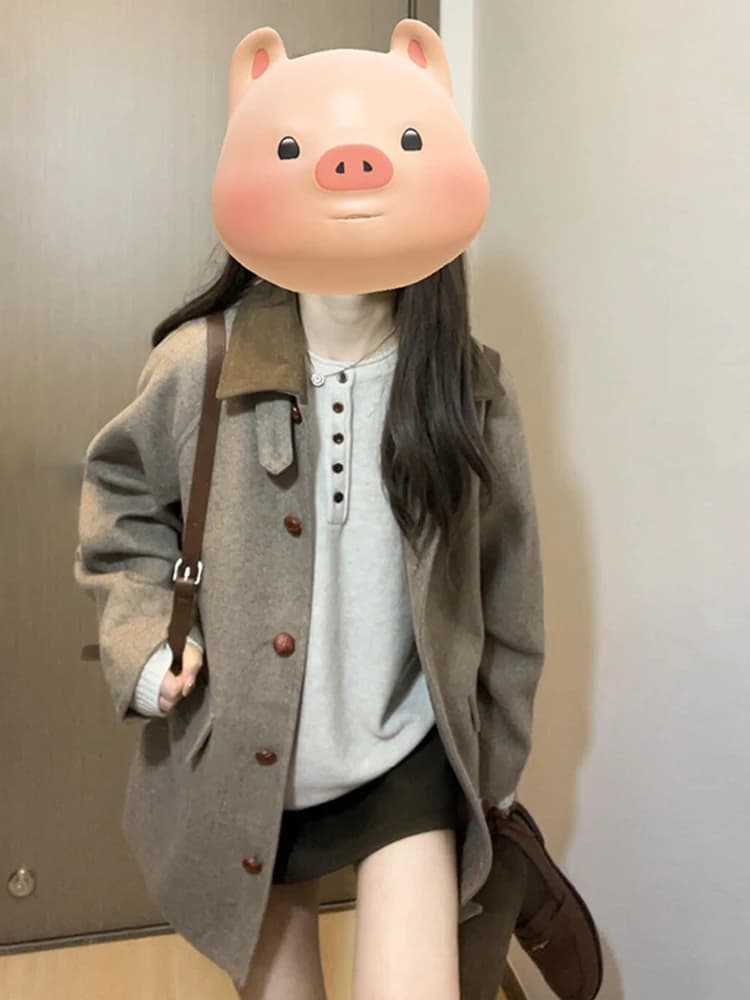 Retro Short Woolen Coat Women's Spring Autumn Loose Fit Elegant Style Miniature Polyester Fiber Zipper Closure Jacket