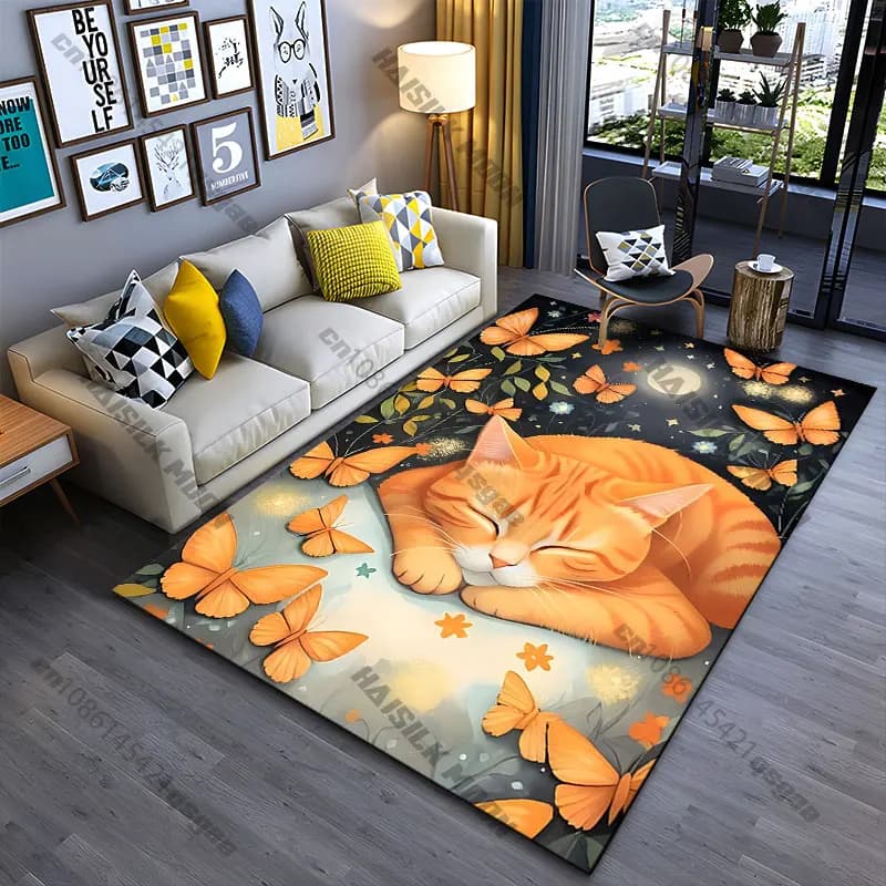 Carpet with quiet cat and butterflies, yoga mat, decoration for living room, baby mat, game mat