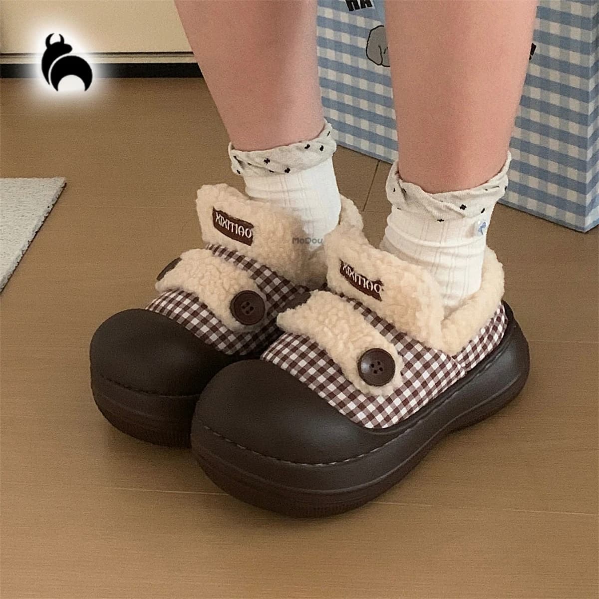 Mocassini color block, stile coreano, nuovi versatili mocassini casual ispessiti foderati in pile, pantofole da donna