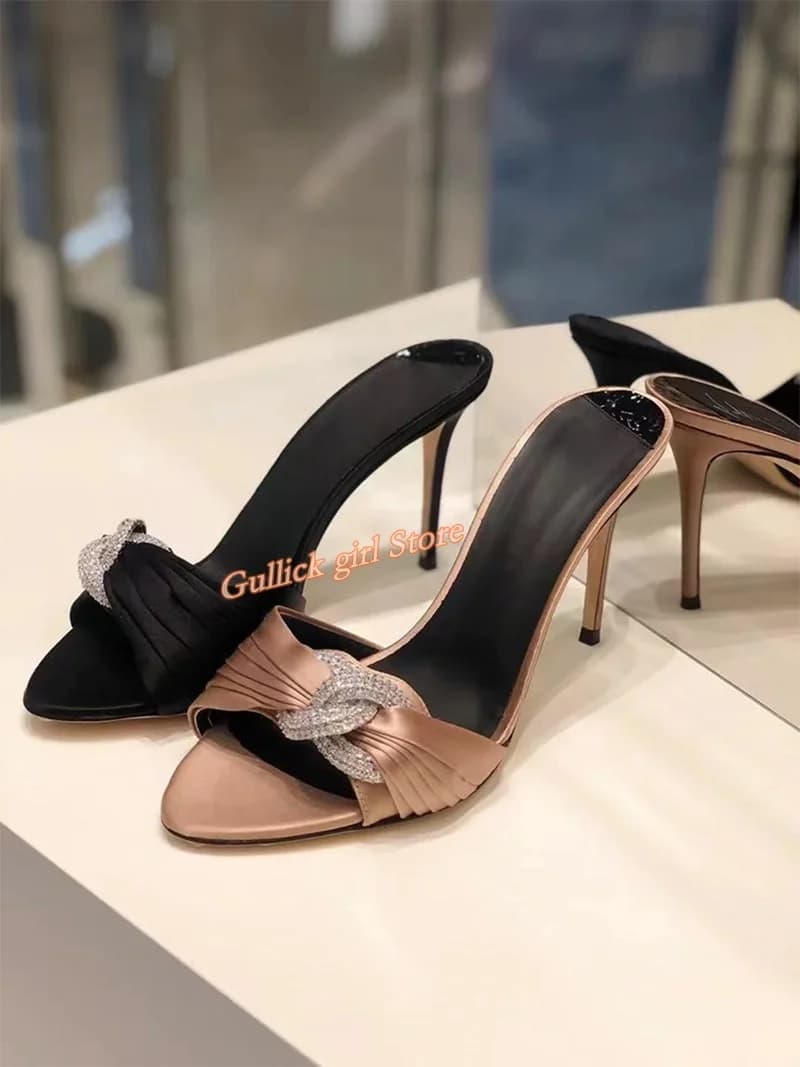 Satin Crystal Stiletto Heel Slippers Round Toe Black Chamgne Runway Women Dress Shoes Solid Black Shallow Handmade