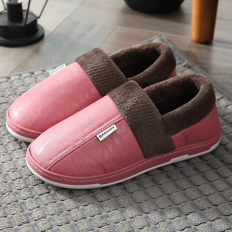 Women's Home Winter Slippers Home Warm Shoes Thick Bottom Plush Waterproof PU Leather Couples Cotton Men's Flat Couple Shoes