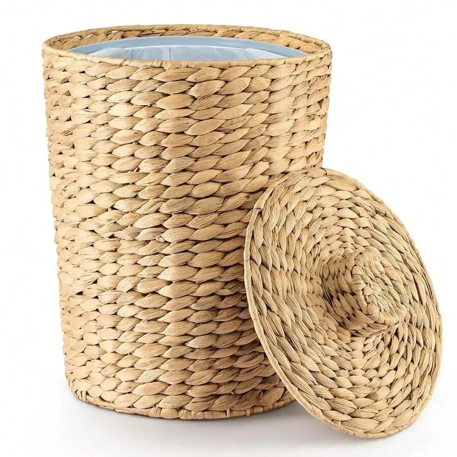 4 Gallon Wicker Trash Can With Lid Water Hyacinth Bathroom Kitchen Waste Basket Natural Boho Style