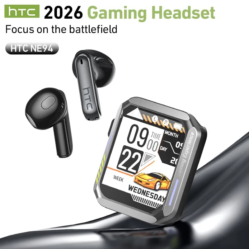 HTC NE94 Gaming Earphones With LCD Touch Screen Game Music Dual Mode Low Latency Bluetooth 6.0 AI Translator Wireless Earbuds